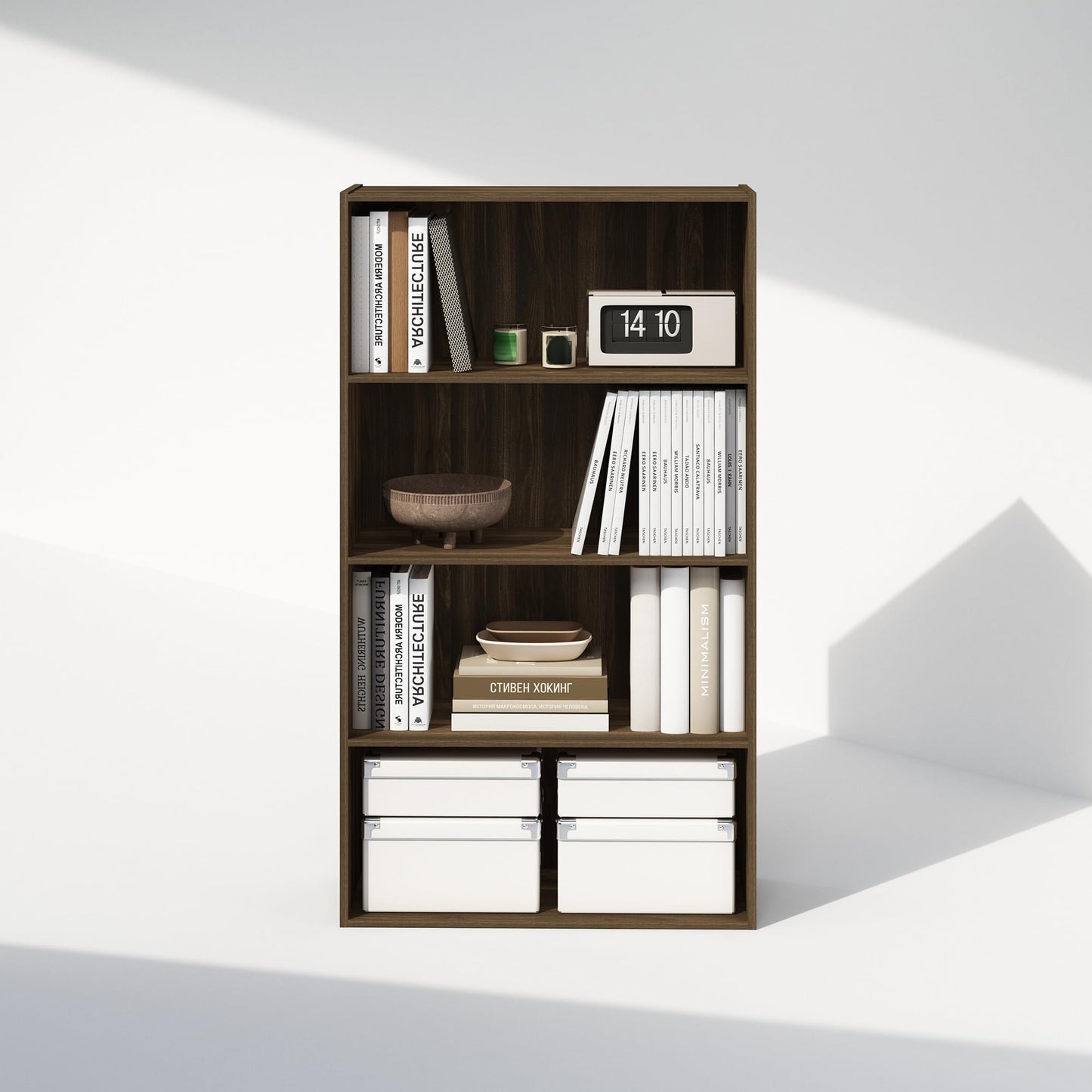Furinno Simple Book Shelf, 4-Tier Bookshelf, Bookcase with Open Shelf, 9.4 x 23.6 x 41.7, for Living Room, Bedroom, Home Office, Columbia Walnut