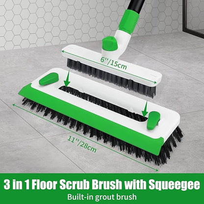 Floor Scrub Brush with Long Handle, 3-in-1 Scrape Scrubber Brush with Squeegee
