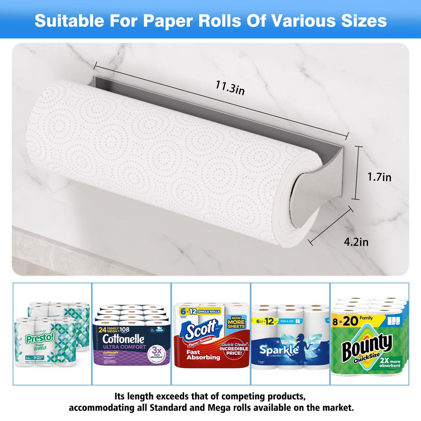 Smipam Paper Towel Holder Under Cabinet, Stainless Steel, Adhesive or Screw Mount, Fits Standard & Mega Rolls, Wall Mount Rack for Kitchen, Bathroom, RV, Silver