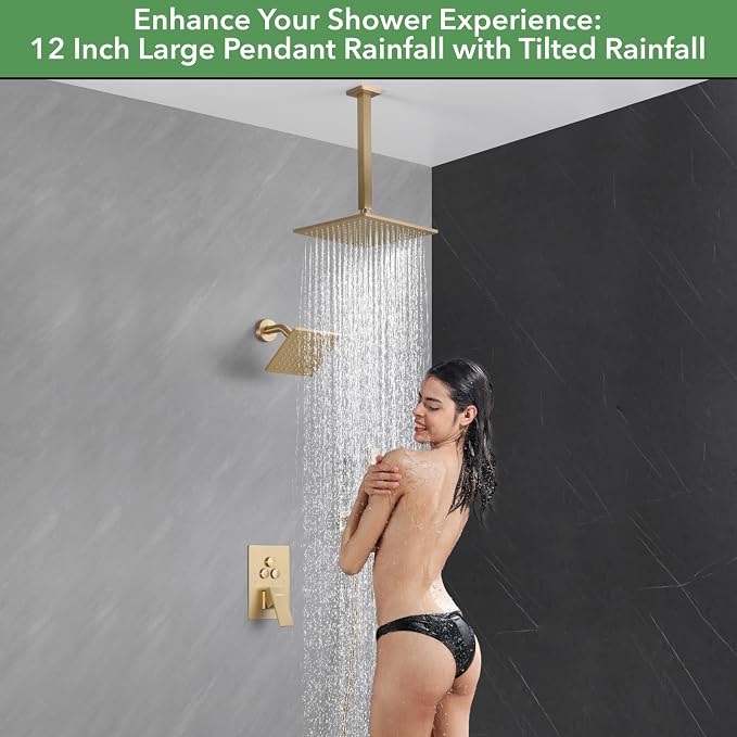 VANFOXLE Brushed Gold Shower System, Push Button Pressure Balance Shower Valve, Ceiling Mount Thick 12" Shower Head, 6" Shower Head, 2-in-1 Handheld, High Pessure Self-Cleaning for Modern Bathroom