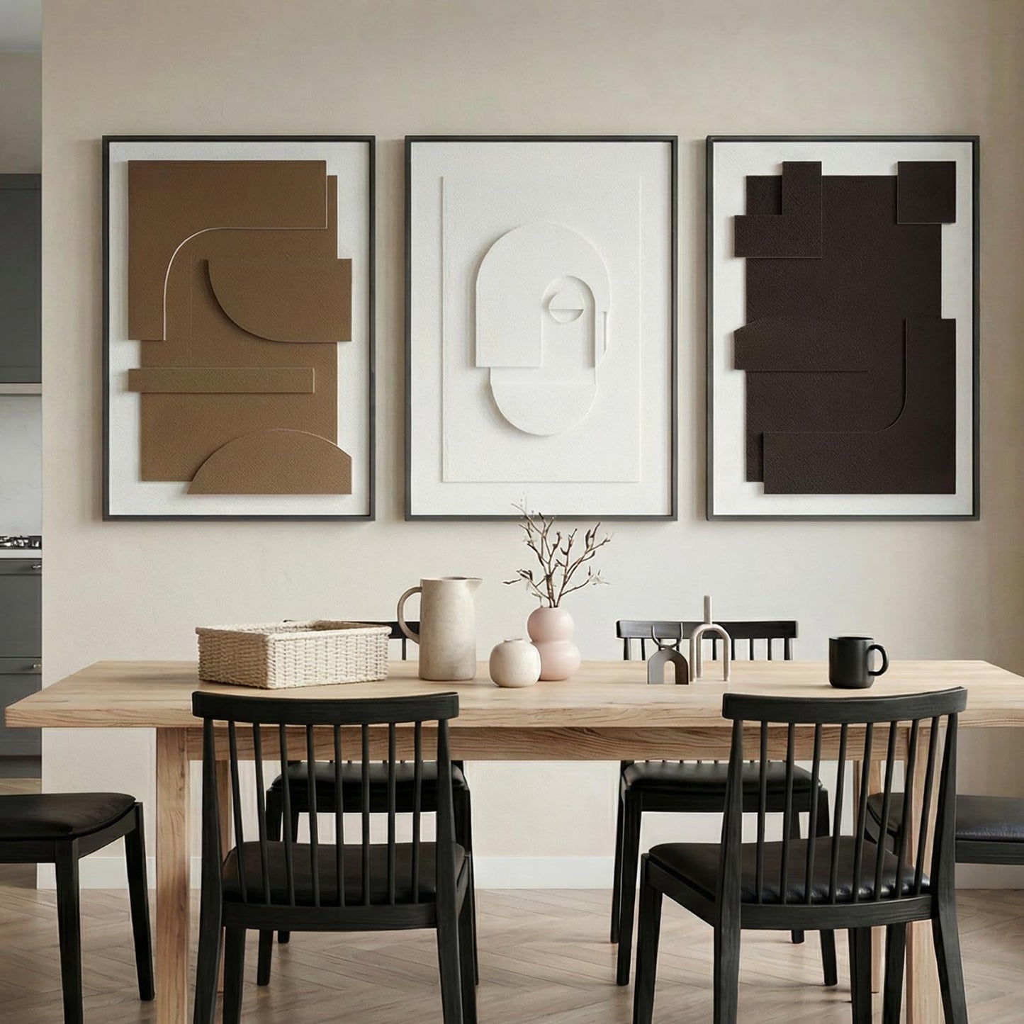 Vaskuro Extra Large Wooden Framed Sandstone Textured Wall Art, 3D Geometric Minimalist Abstract Neutral Decor, Black White Brown, Living Dining Room Office,3pcs,32x24in