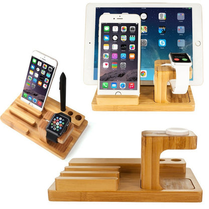 Bamboo Wood Multi-Device Desktop Charging Dock Station Charger Holder Cradle Charge Stand for iPhone 16 15 14 13 12 11 Pro Max iWatch 2 3 4 5 Compatible with iPad Mini Air Pro 2 3 Smartphones