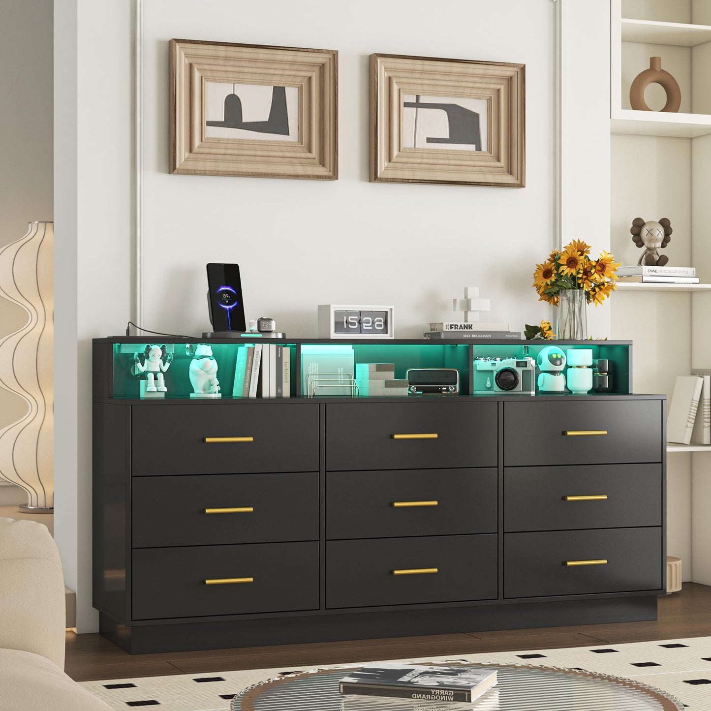 knoworld Black 9 Drawer Dressers for Bedroom, Modern Large Dresser with LED Light and Power Outlet, Wooden Long Dressers, Triple Dresser for Bedroom, Entryway, Hallway