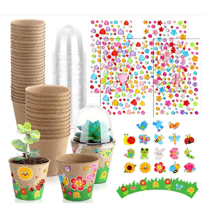 Motipuns 15 Set Summer Garden Paper Pot Craft Kit Include Plant Flower Peat Pots with Domes 4 Sheet Rhinestones Jewels Stickers and Adhesive Stickers Set for Spring DIY Craft