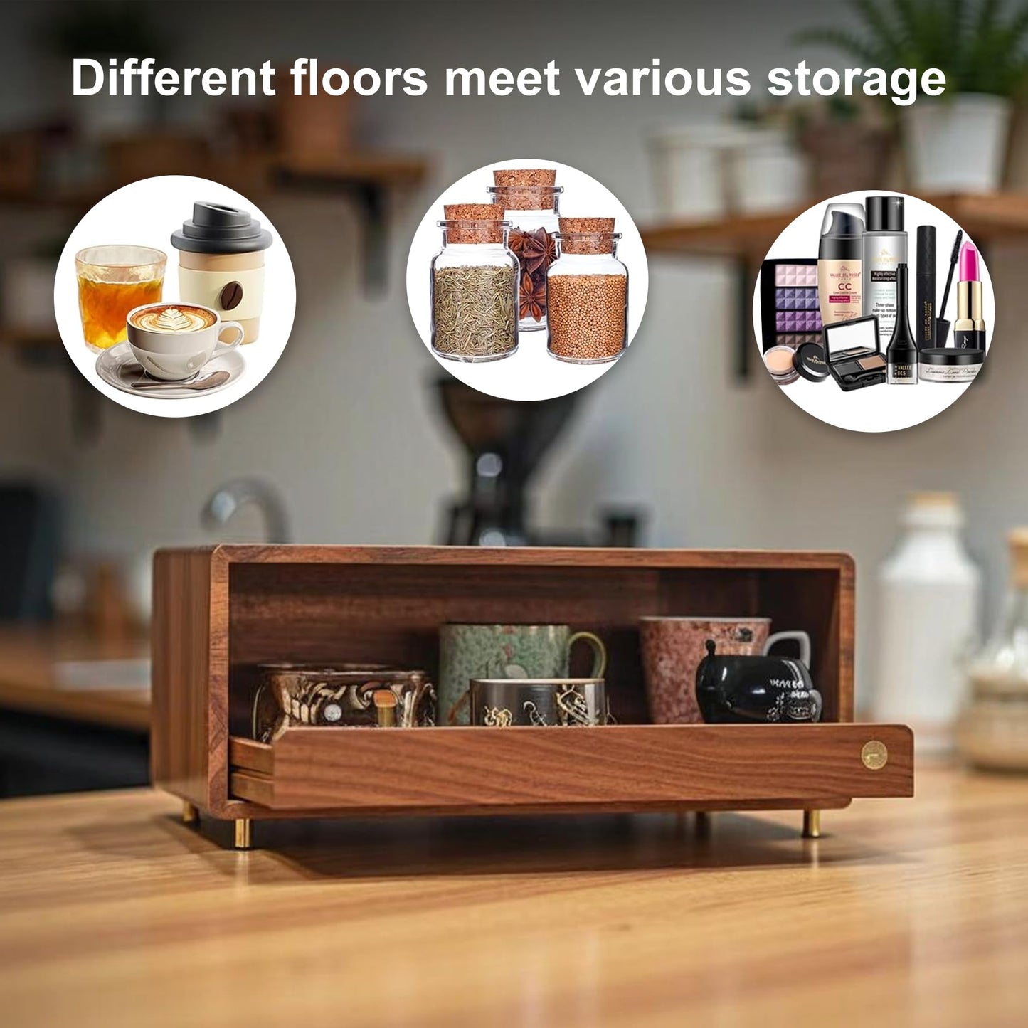KAOTGOT Wooden Coffee Station Storage Rack with Drawers - Cup Rack and Coffee Machine Stand, Kitchen Counter Coffee Bar Storage Rack, Desktop Stand