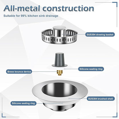 3 in 1 Kitchen Sink Drain Strainer ，304 Stainless Steel Kitchen Sink Stopper
