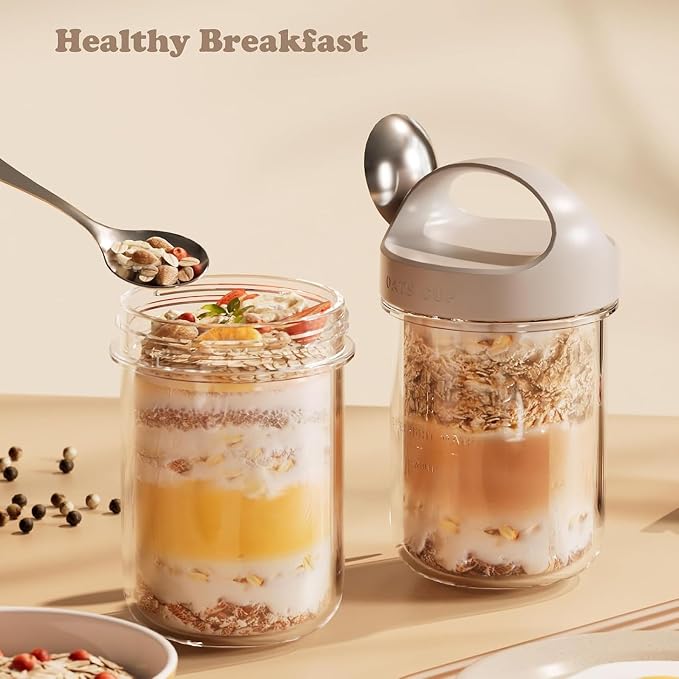 4Pack Overnight Oats Containers with Lids and Spoons,14 oz Airtight Oatmeal Container,Mason Jars with Lid for Cereal,Milk,Fruit,Yogurt,On The Go Container,Salad Jars,Glass Jars (Mixed Color)