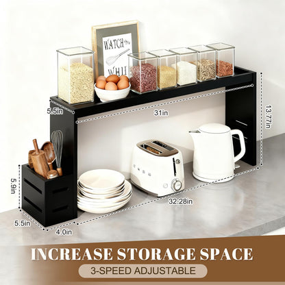 AODANC Over The Stove Shelf Wooden,Bamboo Spice Rack for Above the Kitchen Hob,31.5-inch Spice Storage Rack,Height-Adjustable, 50-pound Weight Capacity, Easy to Assemble (Black)