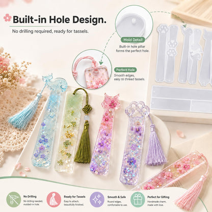 SANFUHOM Resin Bookmark Molds Kit, Silicone Epoxy Casting Mold with 40 Tassels, 4 Shapes Cat Paw Kitty Dolphin Rectangle Craft Tool for DIY Jewelry Making