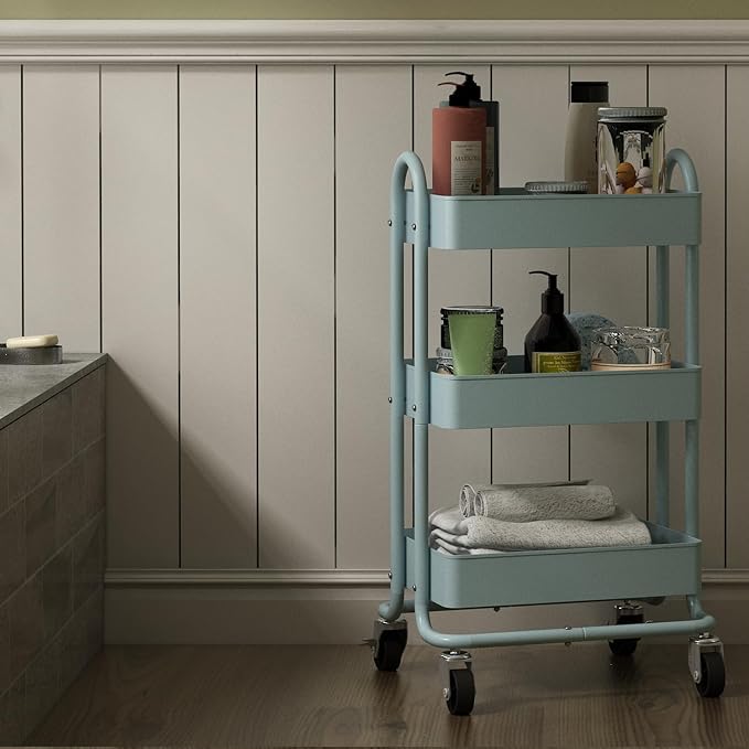 Metal Rolling Cart,3-Tier Metal Rolling Cart with Wheels,3 Tier Utility Cart with Wheels for Office,Home,Kitchen,Garden（13.4"x18.1"x31"） Blue