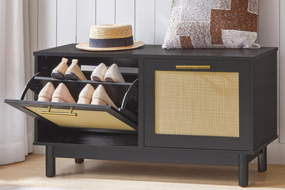 HOOBRO Rattan Shoe Storage Bench with Double Flip Drawers, Narrow Shoe Storage Organizer for Entryway, 11.8" D x 39.4" W x 20.9" H, Hidden Space Saving Wooden Shoe Cabinet for Hallway, Black BN51HX01
