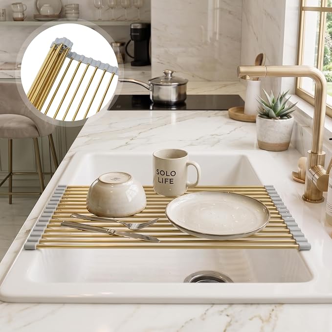 Snailhouse Roll Up Dish Drying Rack, Stainless Steel Dish Drainer Over The Sink with Anti-Slip Silicone for Kitchen Counter, Gold (17.8 x 11.8 in) | Stainless Steel Dish Drainer Over the Sink with Anti-Slip Silicone