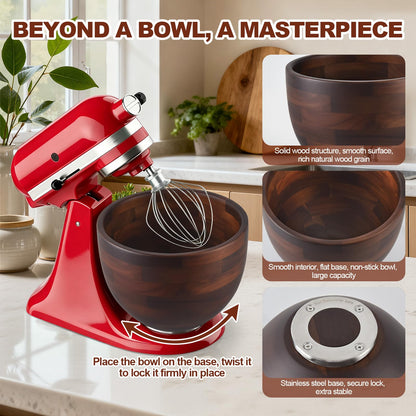 Ciunura Premium Acacia Wooden Mixing Bowl for K45 & KSM150 Series, 4.5&5 Qt Tilt-Head Models, Natural Wood Bowl with Stainless Steel Precision Locking Base for Kitchen Aid Mixers(Acacia)