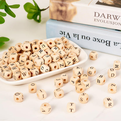 KISSITTY About 1060pcs Maple Wooden Beads for Crafts Mixed Letter A-Z Wood Beads Cube Alphabet Beads Large Hole Wood Spacer Beads for Necklaces Bracelets Earrings Jewelry Making 10x10x10mm