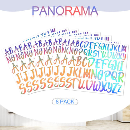 TaoBary 416 Pcs Laser Letter Stickers, 8 Sheets Cursive Alphabet Stickers, 1" & 1.5", 2 Size Waterproof Vinyl Self-Adhesive Letter, Decor for Graduation Cap Scrapbook DIY Craft Mailbox Water Bottle