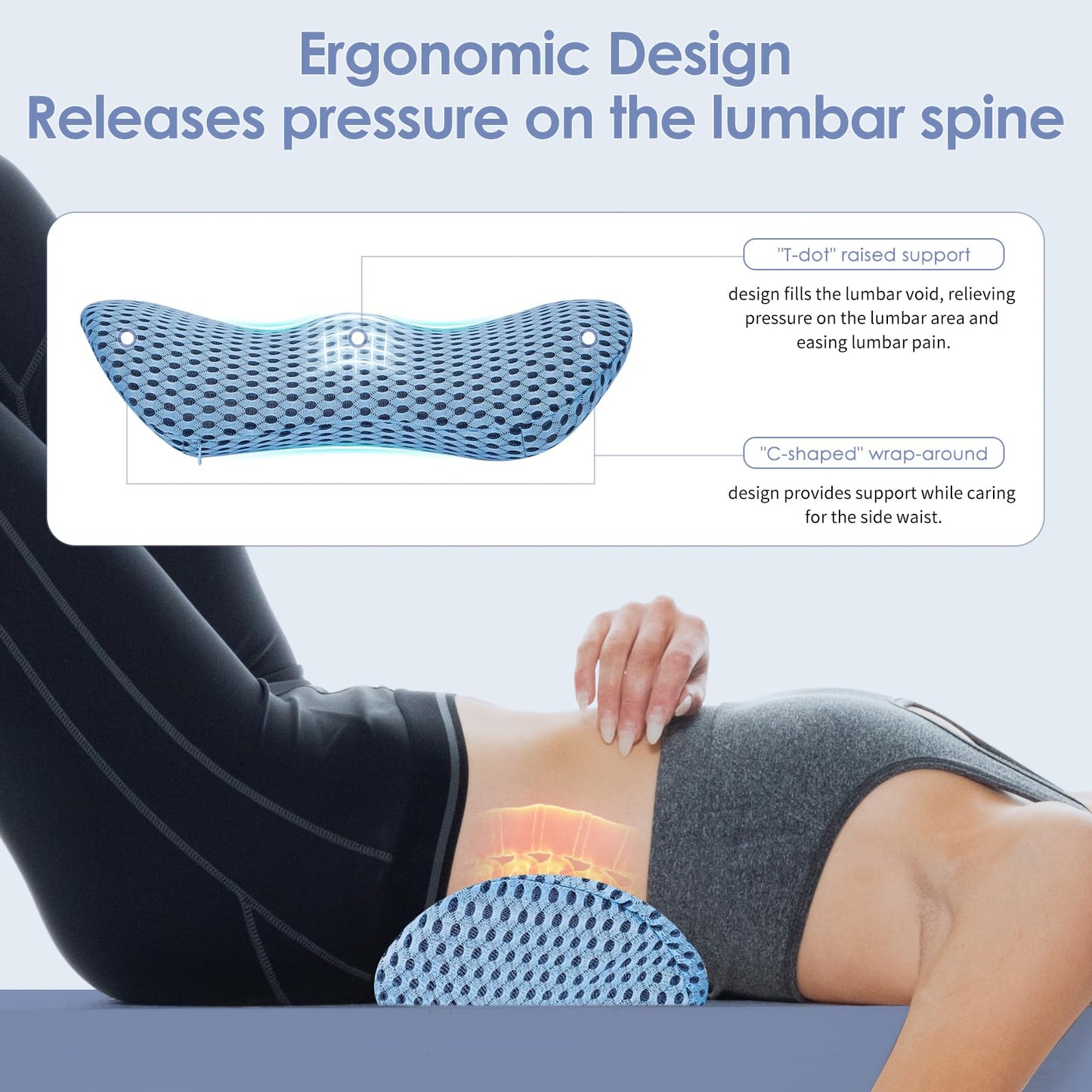 kasney Lumbar Support Pillow Ergonomic Memory Foam, Relieve Back Pain, CMFY Breathable & Detachable & Washable, Perfect for Office Chairs, Car Seats, Beds (Blue)