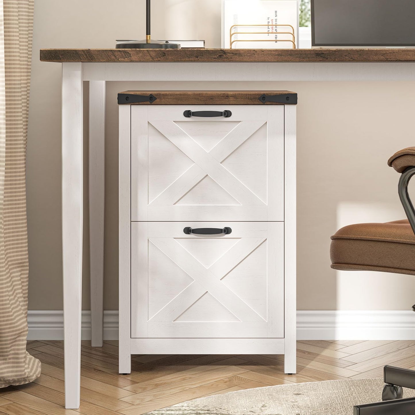 Halitaa Farmhouse File Cabinet, Vertical Under Desk Wooden Storage with 2 Drawers, Small Filing Cabinet Fits Letter and A4 Size for Home Office, Printer Stand, White and Brown