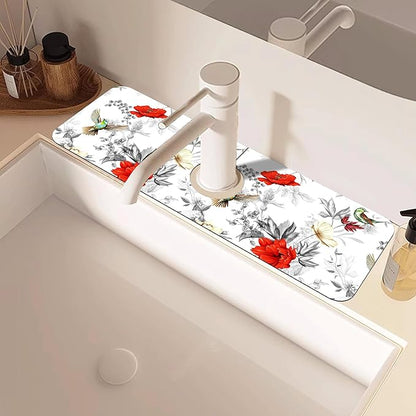 Poppy Wildflower Nightingale Sink Faucet Absorbing Mat Sink Splash Guard Faucet