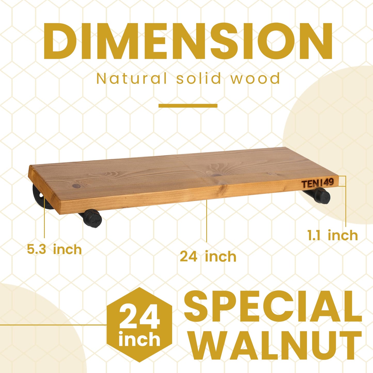 TEN49 Real Wood Rustic Floating Shelves Wall - 24 Wide Small Wooden Industrial Pipe Shelving - Farmhouse Pipe Wall Shelves Furniture Bathroom Decor Art Shelf Kitchen - Light Walnut Color - Set of 2