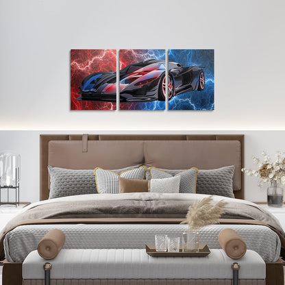 Feelyou Race Car Bathroom Wall Art for Home Decor 12"x16" 3 Piece Red and Blue Speed Sports Car Canvas Wall Art Extreme Sports Office Wall Artwork Posters Lightning Theme Wall Painting