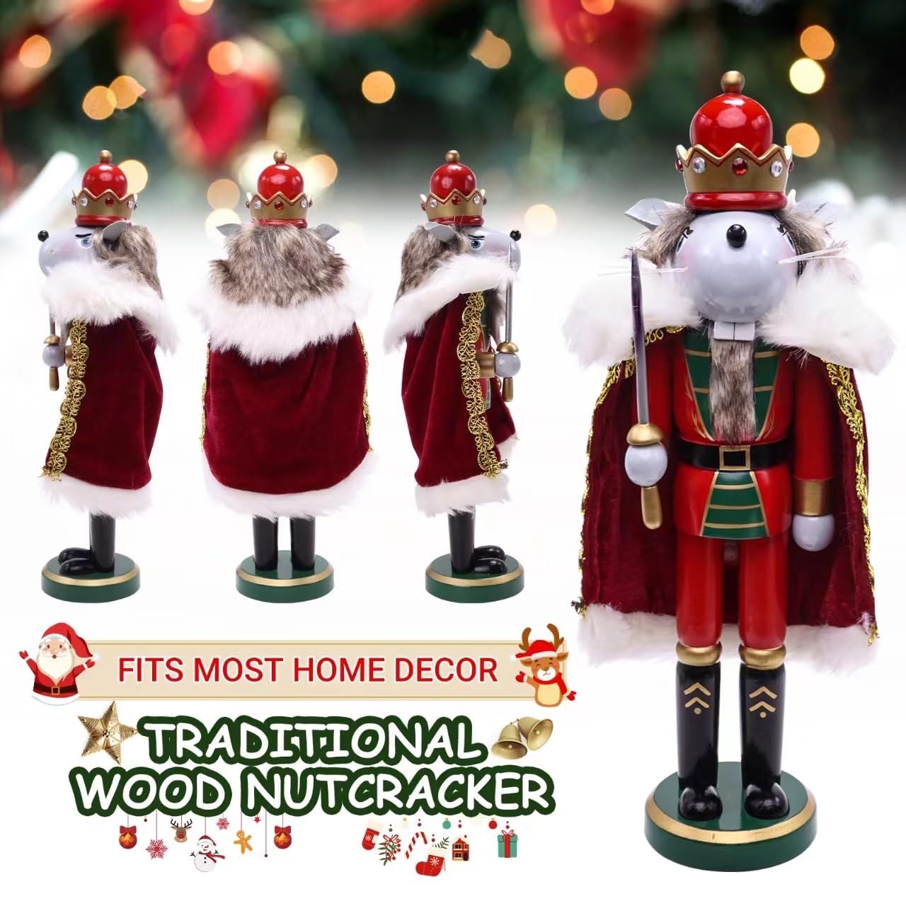 Tngan 11" Wooden Mouse King Nutcracker, Festive Christmas Decoration, Handcrafted Mouse Themed Nutcracker Collectible Christmas Decor for Tabletop, Shelves, and Fireplace Mantel