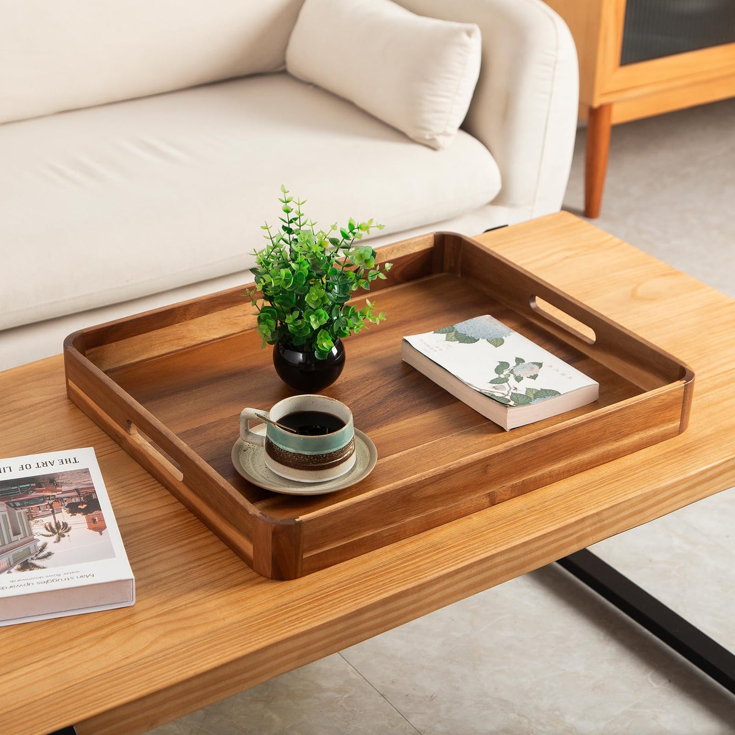 GinSent Large Ottoman Tray Wooden Serving Tray with Handles, Rectangle Big Wood Tray for Living Room Ottoman Coffee Table Counter Decor, Kitchen Versatile Tray for Food Breadfast Party Picnic