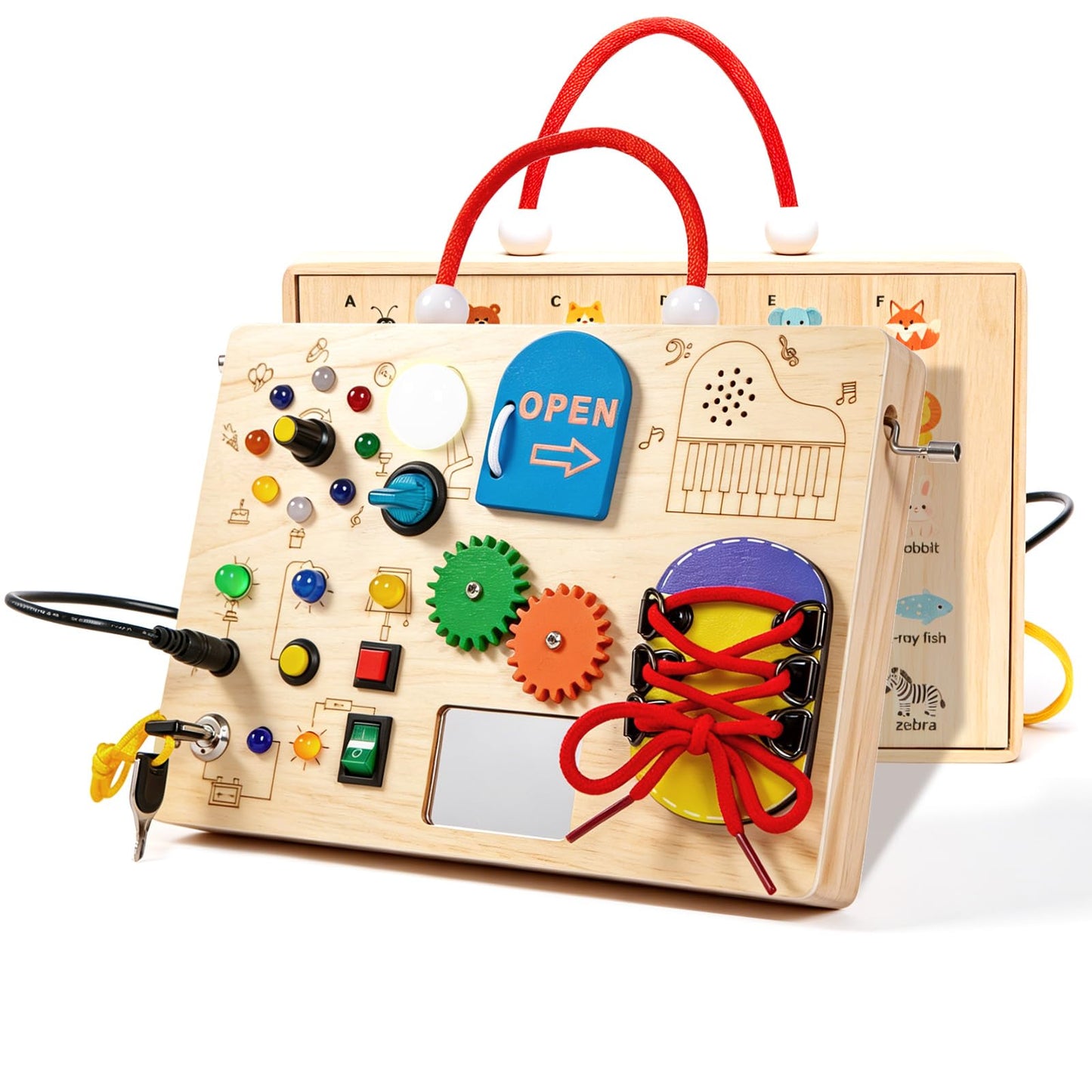 GNAYUIJ Montessori Busy Board,Wooden Sensory Board Toys for 1 2 3 Years Old,Toddlers Activity Travel Toy with LED Light Switches & Music Boxes for Boy & Girl Birthday Gift