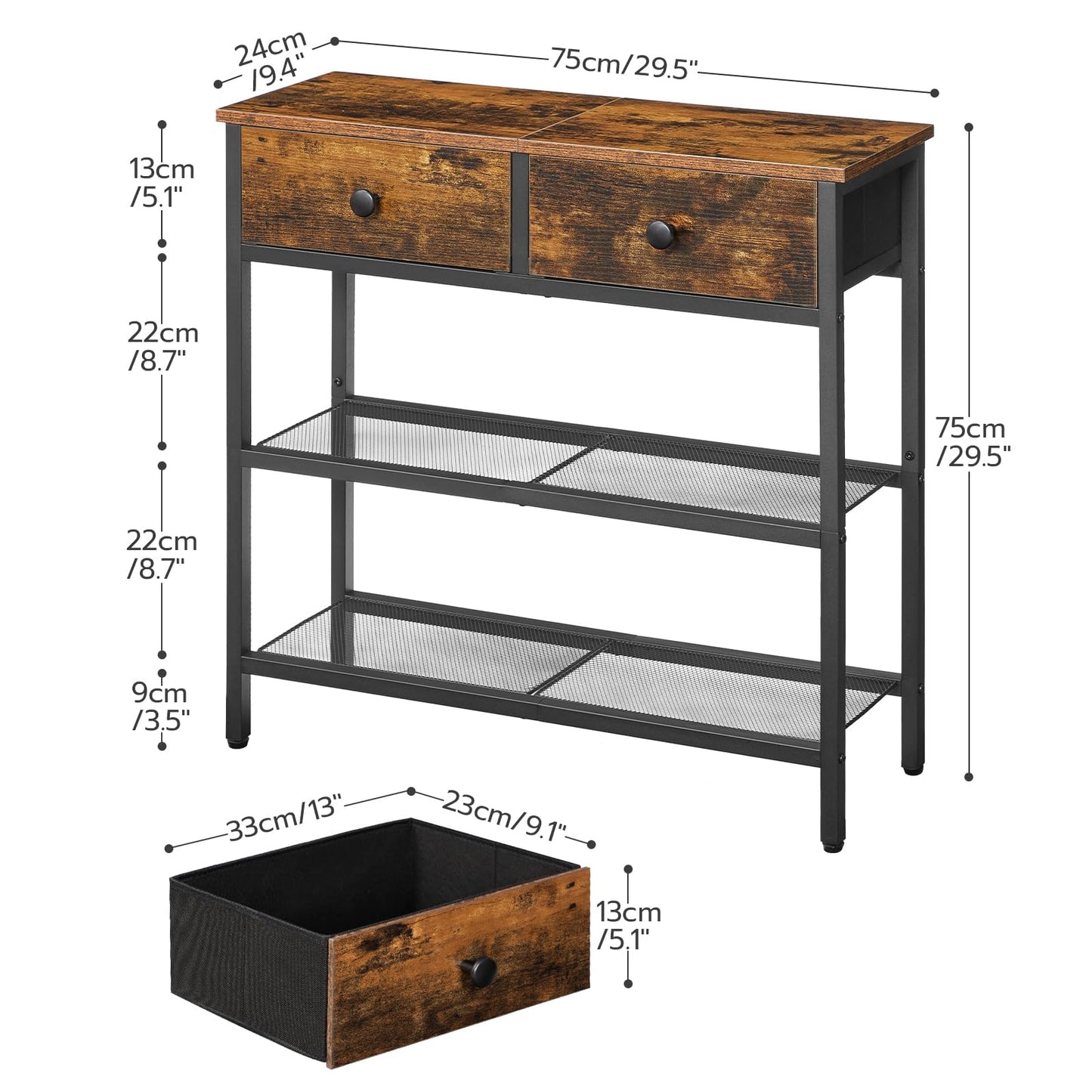HOOBRO 29.5" Narrow Console Table with 2 Fabric Drawers, Sofa Table, Small Entryway Table with 3-Tier Storage Shelves, Behind Couch Table, for Living Room, Hallway, Rustic Brown and Black BF72XG01