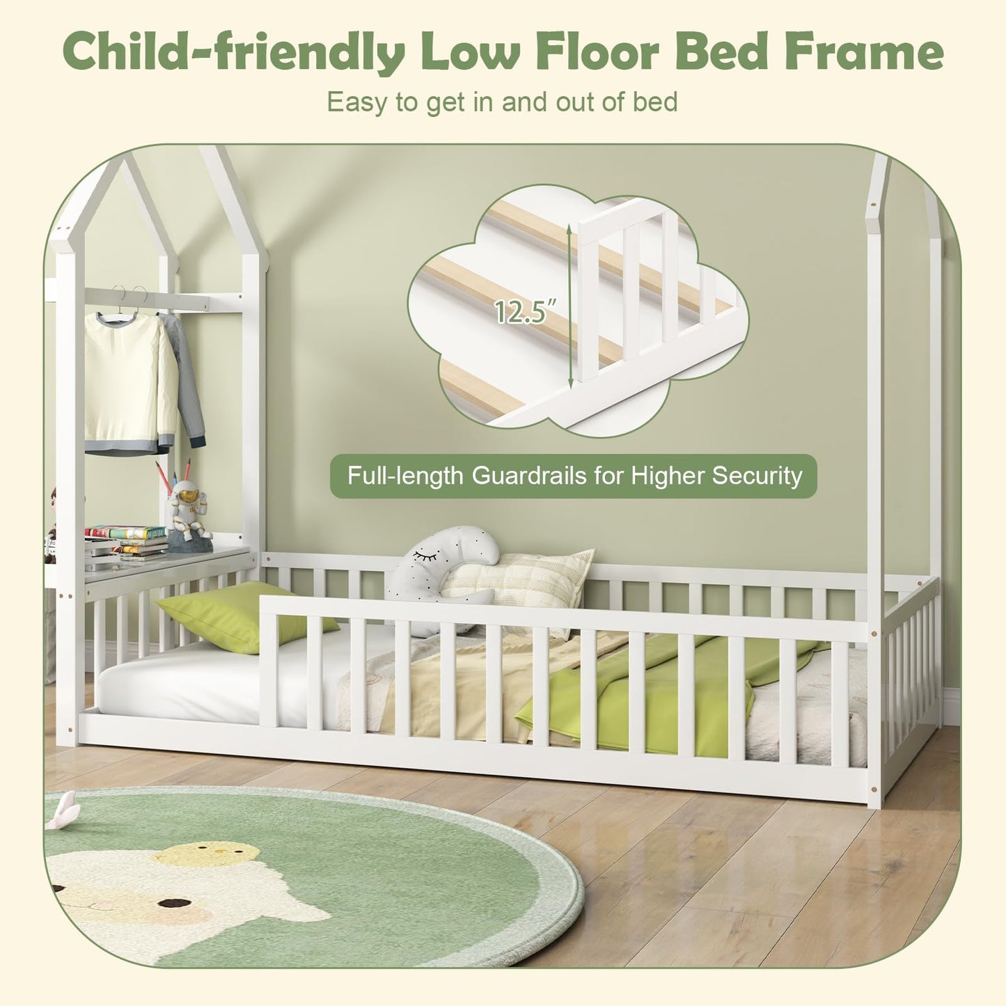 Giantex Twin House Floor Bed, Solid Wood Montessori Bed with Detachable Storage Shelf, Clothes Hanger & Guardrails, Twin Beds for Kids Teens, Girls & Boys