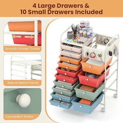 Giantex 14 Drawer Storage Cart, Rolling Craft Cart with Metal Tabletop & Pegboard, Mobile Utility Organizer Trolley with Locking Wheels, Home Office, Macaron Multicolor