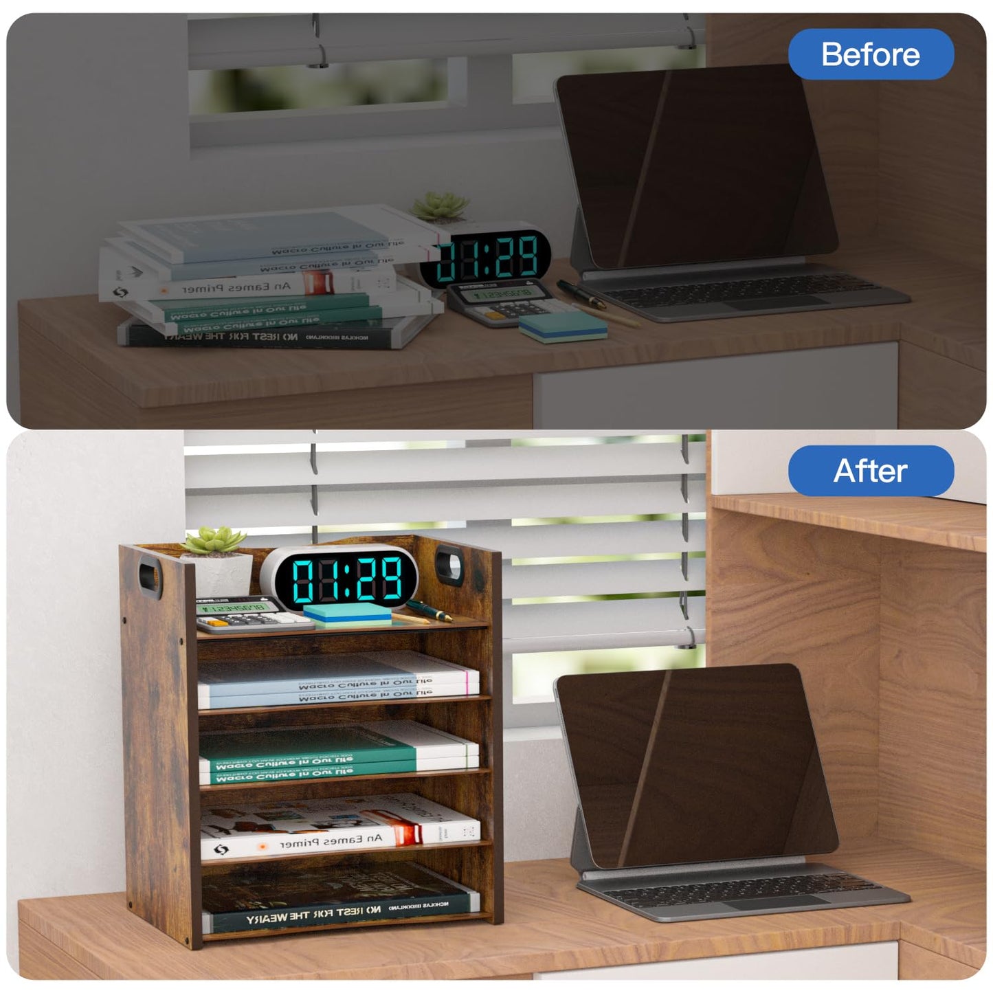 LMZAPET 5-Tier Wood Paper Organizer, File Holder for Desk With Handle - Wooden Paper Letter Tray, Desk Organizer and Accessories, File Cabinet for Home Office, School