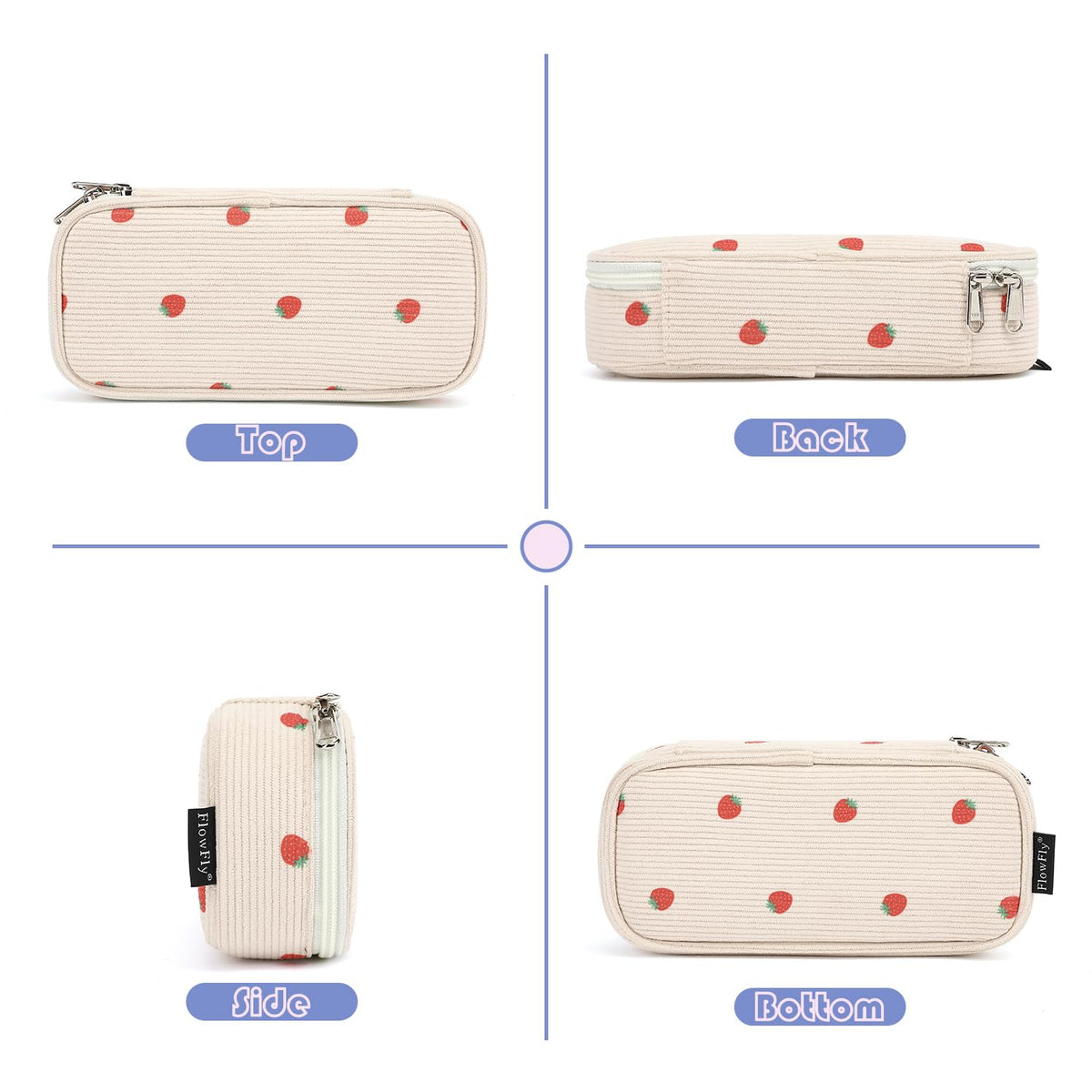 FlowFly Large Capacity Pencil Case for Kids, Boys & Girls – Zippered Multi-Functional Pen Pouch, Soft & Portable Pencil Bag for School, Teens, Students, Corduroy Strawberries Beige