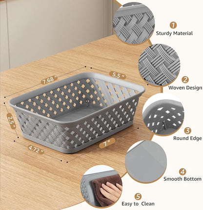 MaxGear 3 Pack Plastic Storage Baskets, Small, Grey | Durable Woven Plastic with Built-In Handles, Suitable for Shelves, Closets, Cabinets, Bathrooms and Offices