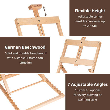 Falling in Art Heavy-Duty H-Frame Tabletop Easel for Painting, Adjustable Beechwood Desktop Easel, Portable Canvas Stand for Adults, Beginners and Artists