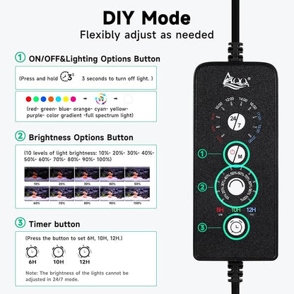 AQQA LED Aquarium Light, 24/7 Mode IP68 Waterproof Extendable Bracket Fish Tank Light, DIY Mode Full Spectrum Aquarium Plant Light, Adjustable Timer/Brightness Memory Function for 18-24 Inch Fish Tank