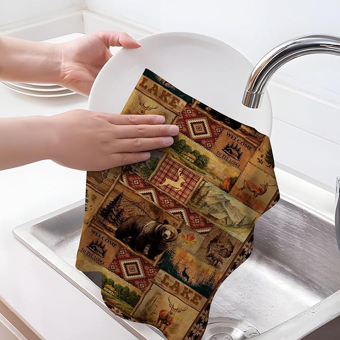 Vintage Rustic Kitchen Towel Set of 4, Lodge Bear Mountain Dish Towels