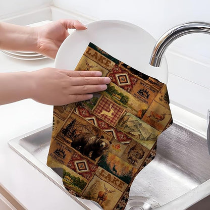 Vintage Rustic Kitchen Towel Set of 4, Lodge Bear Mountain Dish Towels