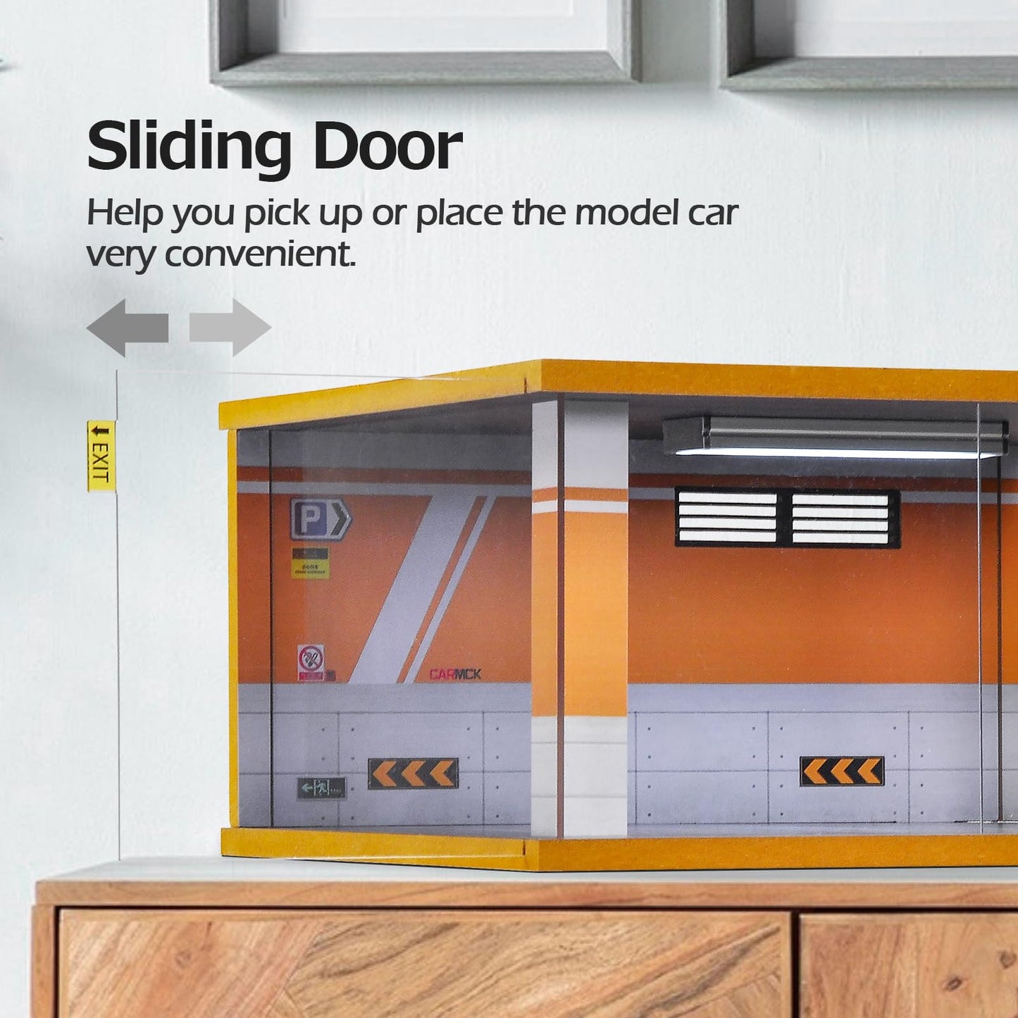 cxiiuui Display Case Car Acrylic Cover 1/24 Scale Parking Garage Wooden Diecast Car Show Case 2 Parking Spaces Yellow and White