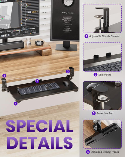 Zontera Ergonomic Mouse & Keyboard Tray Under Desk, Pull Out with Adjustable C-clamp, 20 (25.9 Including Clamps) x 11.8 Inch Slide Out Computer Keyboard Drawer Mouse Tray for Typing, Black