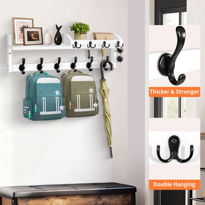 GODDGITT Coat Rack Wall Mount with Shelf, 27.5" Entryway Wall Hanging Shelf, Coat and Key Hanger with 10 Dual Hooks, Mail Organizer and Key Holder Hat Rack for Wall, Wood Coat Hooks with Storage