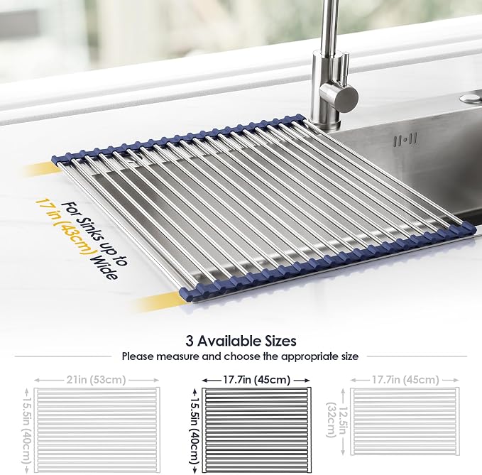 Tomorotec 17.7" x 15.5" Roll Up Dish Drying Rack Over Sink Drying Rack Sink Cover Kitchen Sink Accessories Gadget Multipurpose Organizer Foldable Stainless Steel Drainer