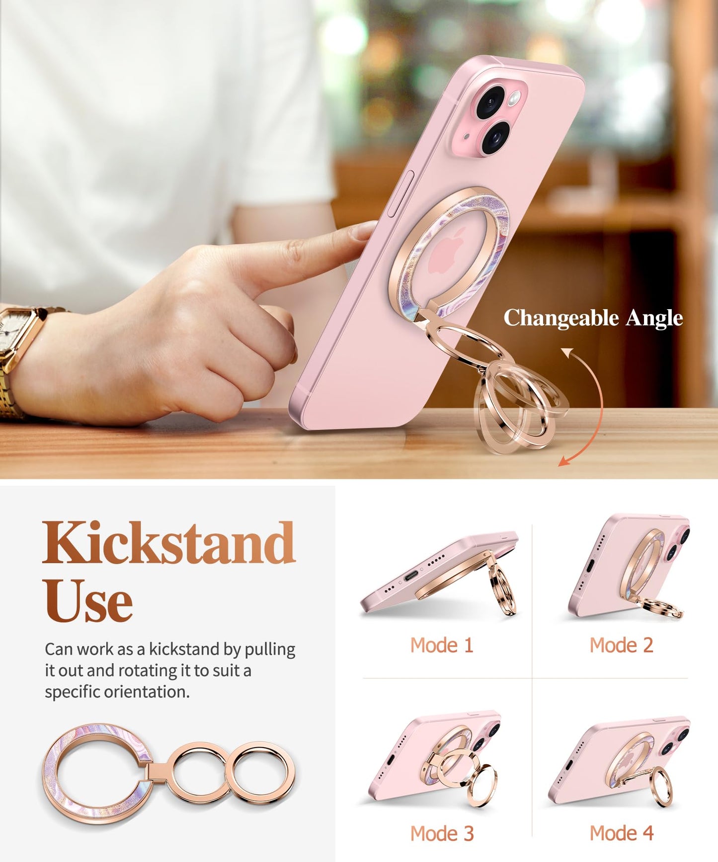 GVIEWIN Magnetic Phone Ring Holder, Compatible with MagSafe Phone Grip with Adjustable Stand, Magnet Phone Ring Kickstand for iPhone 17/16/15/14/13/12 Pro Max Plus Air/Other Phones (Glitter/Silver)