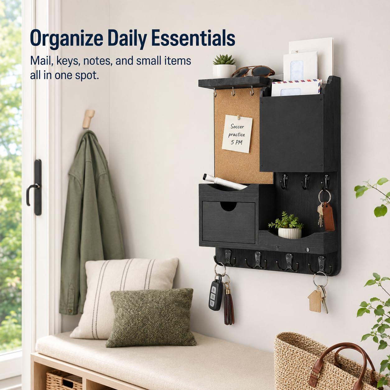 HEKOOLA Key Holder Wall Mount, Mail Organizer Key Holder for Wall with Shelf, Drawer, Chalkboard, Corkboard, Home Decor Mounted for Room Entryway (Black)