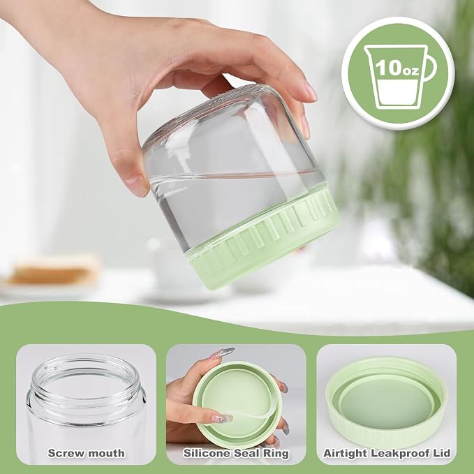 SHOWIN Overnight Oats Containers with Lids, 10oz Glass Jars with Lids 4 pcs, Candy, Wide Mouth Mason jars for Salad, Yogurt, Snacks, Meal Prep