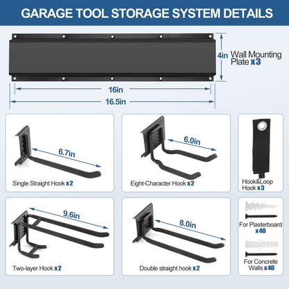 14Pack Garage Tool Organizer Wall Mount, 49.5'' Garage Wall Organizer with 11 Adjustable Hooks, 520lbs Heavy Duty Garage Storage, Garage Hanging Rack for Garden Yard Tools,Ladder,Shovel,Weed Eater
