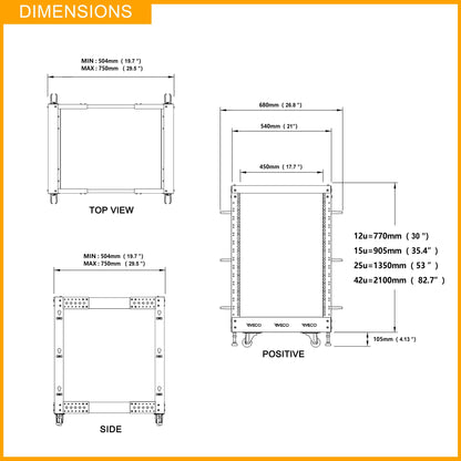 RIVECO 25U Server Rack Adjustable Depth Network 4 Post Cabinet Open Frame with Leveling Feet & Wheels Fully Rivets 1400 LBS