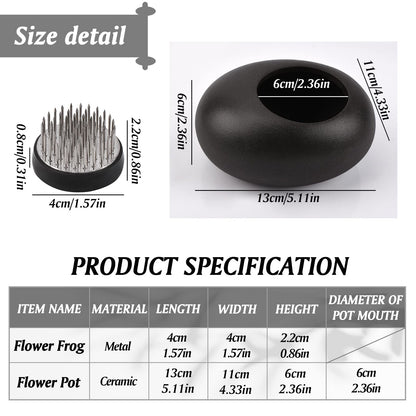 WANDIC Ikebana Flower Arrangement Vase Kit, Black Pebble Ceramic Planter Pot with 4cm Kenzan Flower Frog Pottery Floral Arranging Pin Needle Holder for Floral Art Desk Office Decoration