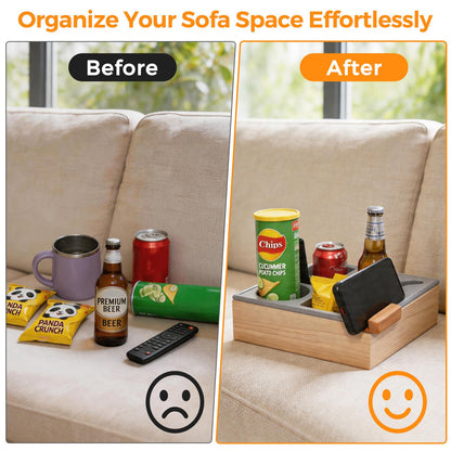 ThinRinRin Wooden Couch Cup Holder Tray with Phone Holder and Couch Caddy