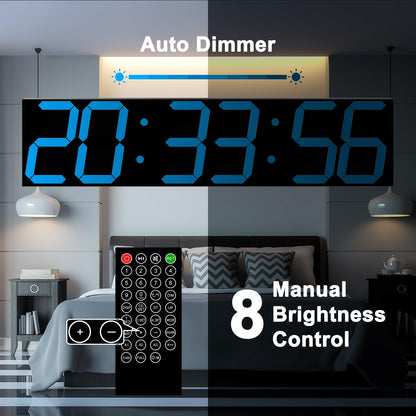 CHKOSDA Digital Wall Clock, Oversize Led Digital Clock Large Display with Auto Dimmer, Huge Countdown Timer with Remote Control, 27" Wide Display, 6 Digits, Wall Mount, Date and Temperature(Ice Blue)