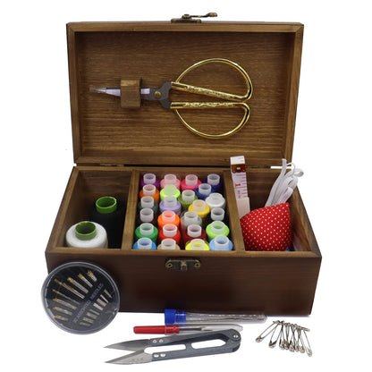Flytreal Sewing Kit Box Basket, Wooden Hand Home Sewing Repair Tool Kit, Beginner Universal Sew Kit Accessories for Women, Men, Adults, Girls, Kids (Retro Dandelion)